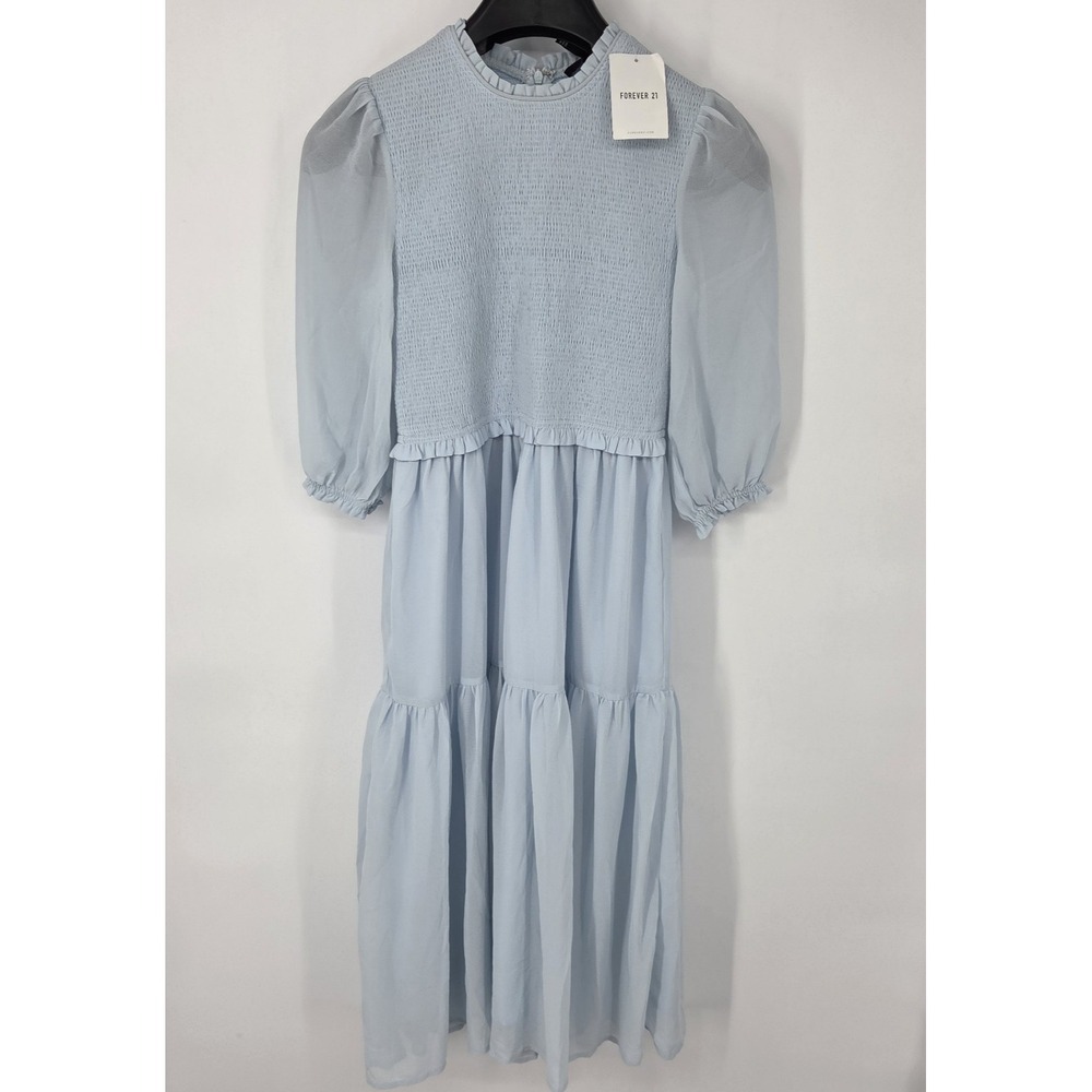 NEW Forever 21 Smocked Bodice Knee Length Dress Womens Small Sky Blue NWT